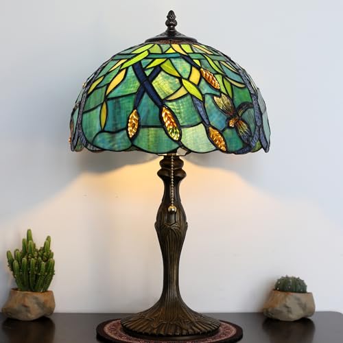 Image of Tiffany Table Lamp Stained Glass Reading Lamp Green Dragonfly Style