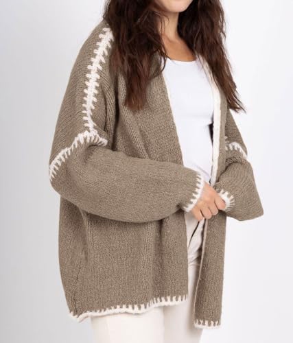 Image of chouyatou Women Fall Open Front Color Block Cardigan Sweater Casual Striped Chunky Knit Oversized Cardigan