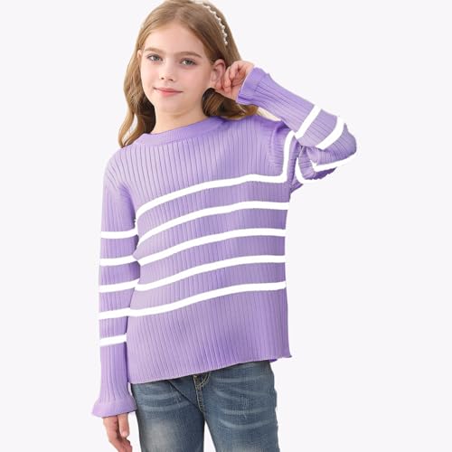Image of OEBLD Girl's Striped Knit Oversized Fall Sweaters Fashion Long Sleeve Crewneck Pullover Sweater Trendy Tops