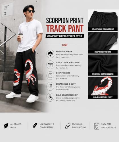 Image of Aesthetic Gothic Wide Leg Pants for Men | Tribal Print Baggy Streetwear | Oversized Track Pants with Elastic Waist | Black and White Relaxed Fit Bottoms