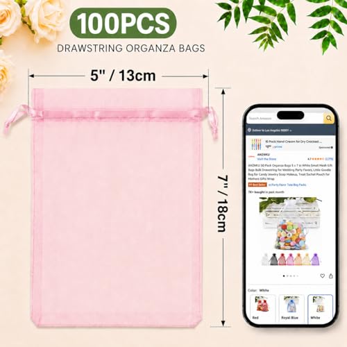 Image of ANZNKU 100PCS Sheer Pink Organza Bags 5x7 inch Mesh Bags Drawstring, Small Mesh Gift Bag for Makeup, Mesh Bag Drawstring, Organza Favor Pouches for Easter Party Wedding Mesh Festival