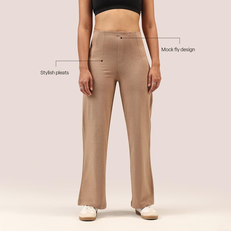 Image of BlissClub Womens Work-to-Wine Twill Wide Dart Pants Insanely Breathable Elasticated Waistband 2 Pockets Mock Fly | Wide Silhouette Stylish Pleats