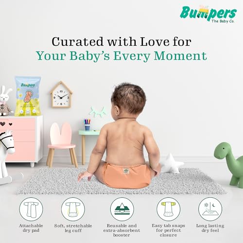 Image of Bumpers Baby Reusable Cloth Diaper with Insert Pad | Leak-Proof, Super Absorbent & Ultra Soft | Adjustable & Washable Cloth Diaper | Prevent Rashes | Freesize 5-17Kg | (3M-3Y), Pack of 5, Orange