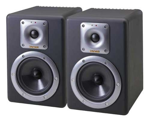 Two Tapco by Mackie S.5 Active Studio Monitors, angled view, showing the front with tweeter and woofer.