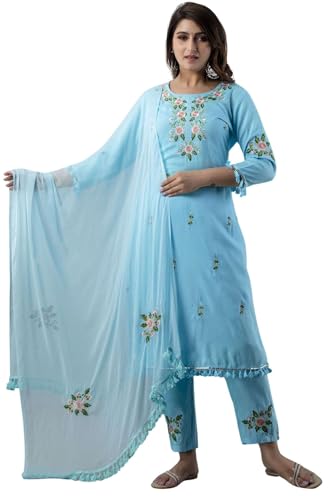 JG Women's Ethnic Wear Collection Rayon Straight Embridered Kurti & Pant Set With Dupatta (US, Alpha, Medium, Regular, Regular, Blue)