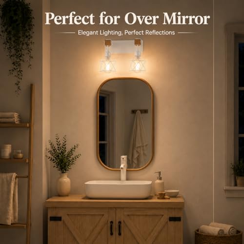 Image of Farmhouse Vanity Light Fixture,2-Light Bathroom Lighting,White Modern Wood Wall Light Over Mirror with Metal Shade