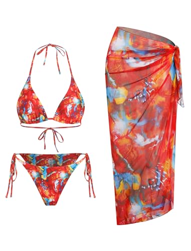 Image of ZAFUL Women's 3 Piece Swimsuit Floral Halter Triangle String Bikini Tie Side Bottom with Boho Cover Up Skirt
