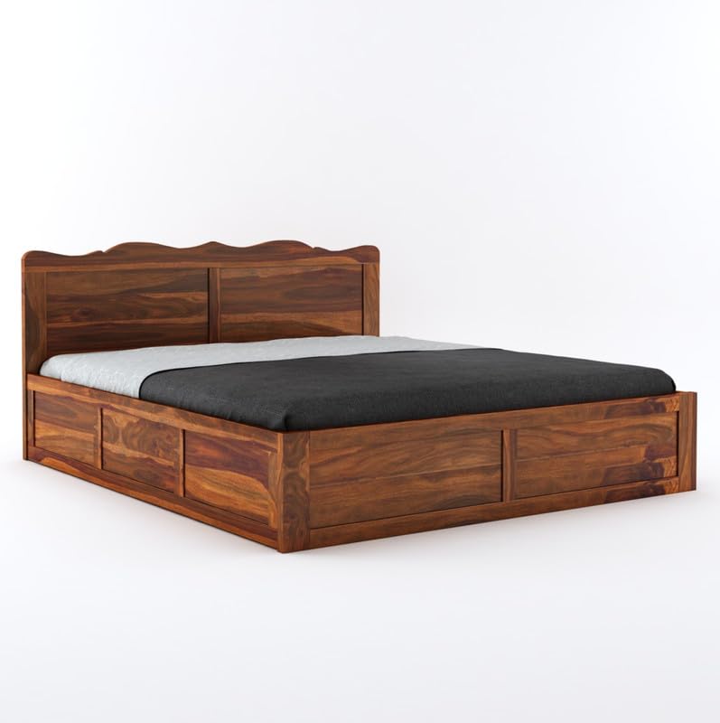 Image of Wooden King Size Bed with Storage | Double Bed Cot Bed with Box Storage for Bedroom & Hotel | Sheesham Wood, Honey, Recommended Mattress Size: 78 X 72