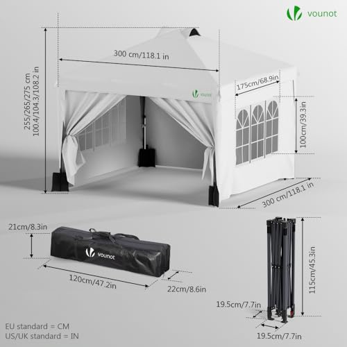 VOUNOT 3m x 3m Pop Up Heavy Duty Gazebo with Sides, Central Lock System & 4 Weight Bags & Carry Bag, Marquee Garden Party Tent Outdoor, White 6 VOUNOT 3m x 3m Pop Up Heavy Duty Gazebo with Sides, Central Lock System & 4 Weight Bags & Carry Bag, Marquee Garden Party Tent Outdoor, White - Image 6
