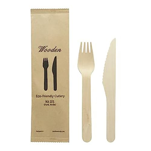 250 Kits 2 en 1 couverts jetables fourchettes et couteaux en bois biodégradables