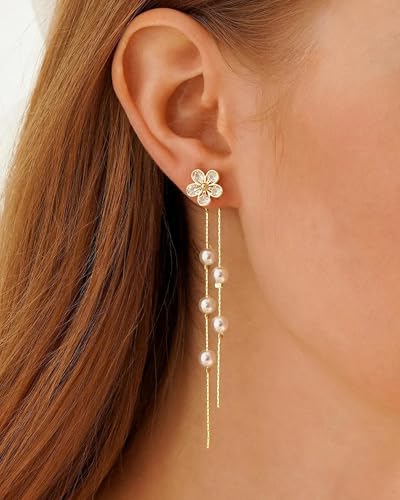 Gold Earrings for Women Trendy 14k Gold Plated Cubic Zirconia Flower Dangle Earrings Hypoallergenic Dainty Pearl Drop Chain Earrings Jewelry Gifts for Her2