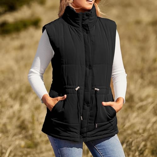 Womens Puffer Vest Zip Up Stand Collar Jacket Sleeveless Quilted Lightweight Jacket Waist Drawstring Down Vest Coat3