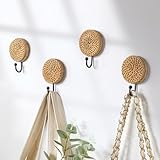 Colingmill 4 Pcs Boho Rattan Wall Towel Hooks Decorative Woven Hanging Holder Farmhouse Coat Rack Hooks Wood Coat Rack Wall Mount Vintage Decorative Hook for Hanging Coats(Round)