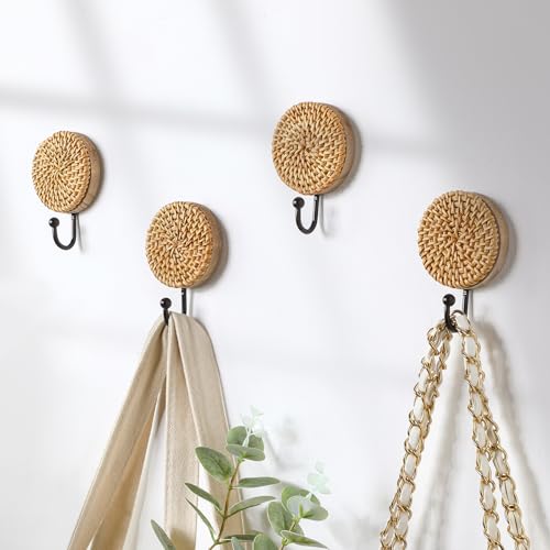 Colingmill 4 Pcs Boho Rattan Wall Towel Hooks Decorative Woven Hanging Holder Farmhouse Coat Rack Hooks Wood Coat Rack Wall Mount Vintage Decorative Hook for Hanging Coats