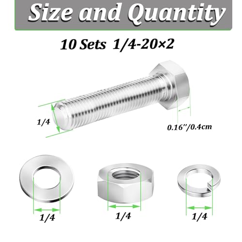 Image of 10 Sets 1 /4-20 x 2 Stainless Steel Hex Head Screws Bolts, Flat, Nuts & Lock Washers,Hex Bolts 18-8(304) Full Thread