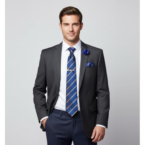 Image of 5PCS Mens Premium Silk Tie, Pocket Square, Cufflinks, Drilled Tie Ring and Lapel Pin Set for Wedding Groom Party