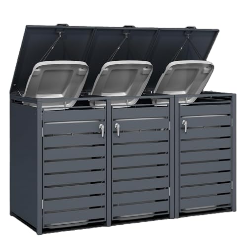 DWD Garden Triple Wheelie Bin Hideaway 120L,240L Waste Bin,Storage Shed w/Locking Doors Assisted lift up Lid easy use Outdoor Hygienic Dustbin Unit Cover Powdercoated Steel Matt Grey with Grey Doors