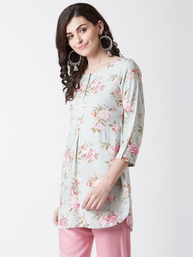 Image of Tissu Women's Sage Green & Pink Floral Printed Kurti