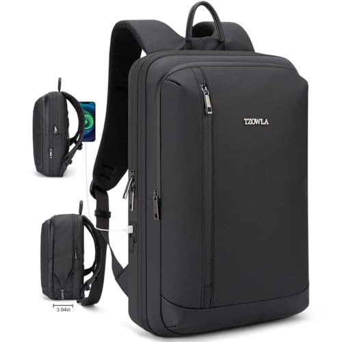 Tzowla Business Laptop Backpack for Men Professional,Slim Waterproof Backpacks for Travel/Work/Office/College with USB/Type C Charging Port,Lightweight Expandable Bag Fit 17.3 Inch Notebook(Black)
