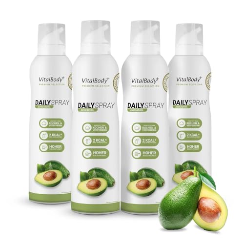 VitalBody+ DailySpray Avocadoöl 2 kcal Ölspray für Airfryer Braten & Grillen Kalorienarm Kochen Non-stick Cooking Spray 3200 Portionen 4er Pack