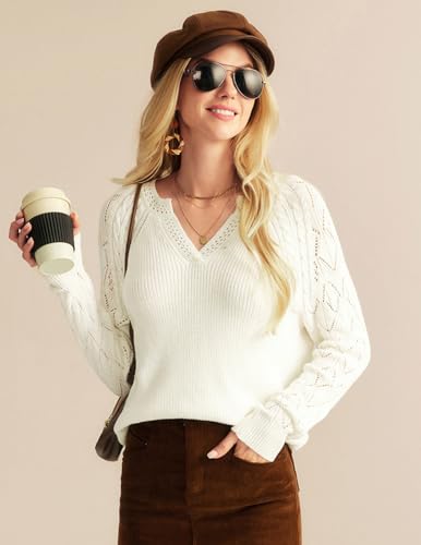 GRACE KARIN V Neck Sweater for Women Crochet Pullover Sweater Tops Cable Knit Sleeve Sweaters Spring Summer Fashion 20252