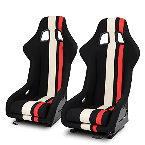 ModifyStreet Universal Main Black+Red&White Side PVC Leather Sport Bucket Racing Seats Pair for Car