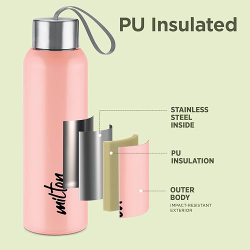 Image of Milton Halo 900 Steel Thermoware, Inner Steel, PU Insulated, Leak Proof Water Bottle for School Kids, Office, Gym, Easy to Carry Strap, 600 ml, Pink