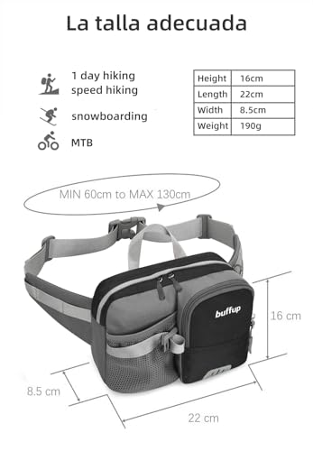buffup® Riñonera Deportiva con Portabotellas – Ideal para Senderismo, Correr, Ciclismo, Escalada y Camping (Negro) - imagen 6
