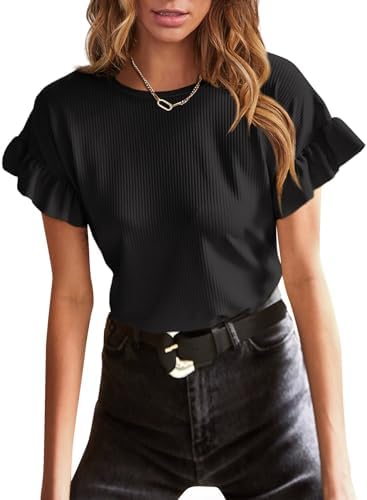 EVALESS Womens Summer Casual Tops Short Sleeve Ruffle Plain Round Neck T Shirts Ladies Knit Loose Fit Tee Tops Blouses
