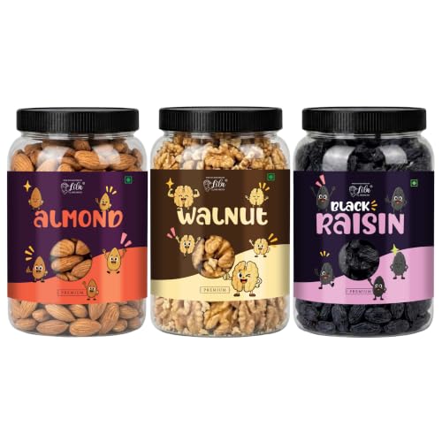 Image of LILA DRY FRUITS Dry Fruits Combo Pack of Almonds, Walnuts & Black Raisins 100 Gms x 3 Mixed Nuts and Raisins for Healthy Snacking, Breakfast Perfect for Gifting