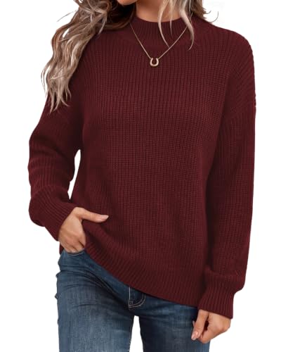 Fall Cozy Sweaters for Women Fall Outfits Knit Mock Neck Burgundy Tops M
