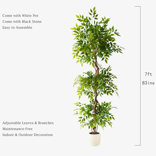 Image of 7ft Artificial Ficus Tree Fake Plant with White Planter