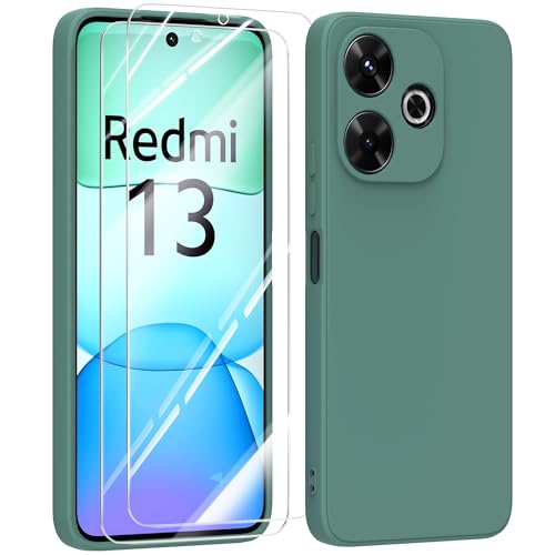 MIKULLE Hülle für Xiaomi Redmi 13 4G HandyHülle + 2 Stück Schutzfolie Dünn Weiche Liquid Silikon TPU Stoßfeste Schutzhülle mit Microfiber Case - Dunkelgrün