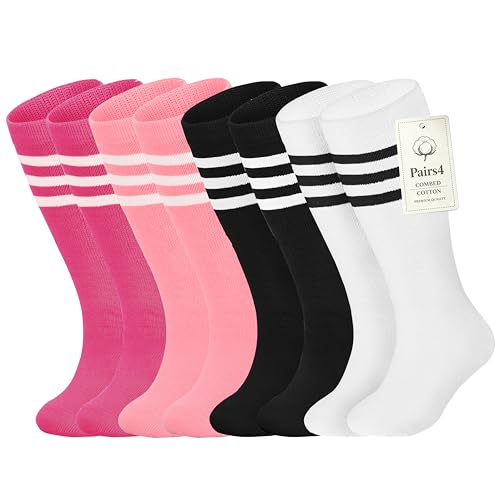 Sea Zaela 4 Pairs Kids Soccer Toddler Soccer Youth Athletic Football Toddler Knee High Socks Girls Boys White+Black+Pink+Deep Pink 3-6 T