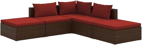 vidaXL Juego de 5 piezas para patio, sala de estar, patio, terraza, balcón, asiento, sofá, muebles, ratán de polietileno, color marrón