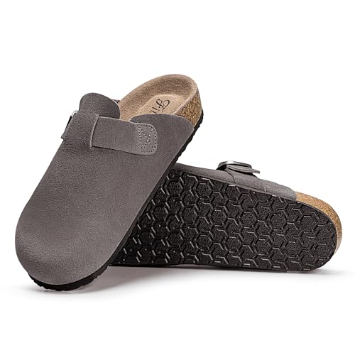 Image of FITORY Womens Clogs Slip-on Potato Shoes Leather Mules Suede Cork Footbed | Comfortable Adjustable Buckles Non-Slip Outsole Casual for Fall Outdoor Walking
