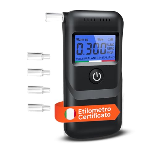Wintem Etilometro Portatile ad Alta Precisione - Alcool Test Digitale con Assistente Vocale in Italiano e Display LCD - Sensore Avanzato, Risultato in 3 Secondi - Include 5 Boccagli Igienici Lavabili