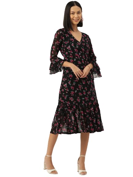 Women Teal Green Self Design Georgette Fit & Flare Knee Length Dress with V-Neck & Sheer Puff Sleeves-image-2
