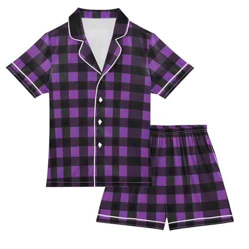 Purple Black Checked Pajamas Set Soft Pjs Sets 2 Piece Short Sleeve Sleepwear Casual Loungewear