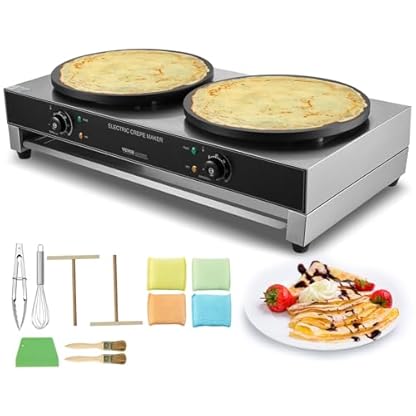 VEVOR elektrischer Crepemaker Crepe-Maschine mit Doppelkopf 3400 W flache Crepe-Grillplatte, antihaftbeschichteter fannkuchenherd aus Edelstahl, runder Cerealien-Pfannkuchenherd, Temperaturregelung