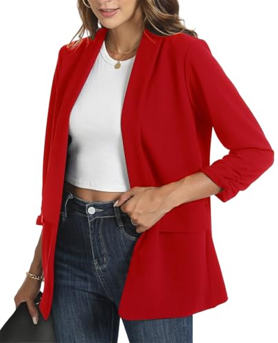 Womens Casual Blazer Ruched 3/4 Sleeve 2025 Shawl Lapel Office Lightweight Open Front Casual Jackets with Pockets