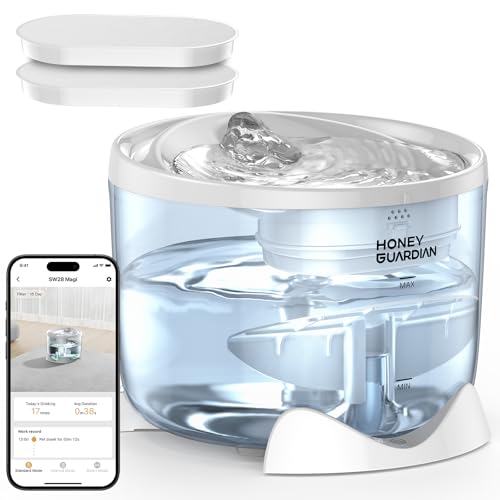 HoneyGuardian Cat Water Fountain Battery Operated Smart Pet Fountain 2.4G/5G WiFi App Monitoring Pumpless Cat Water Dispenser 2.5L/84oz Automatic Water Dispenser for Drinking