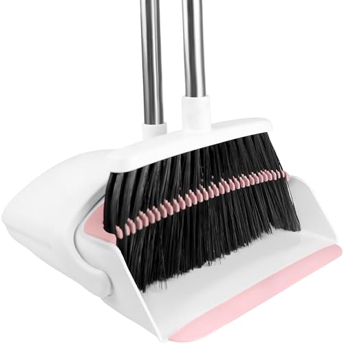 Broom with Dustpan Combo Set for Home 52-in Long Adjustable Handle Angle Broom and Dustpan Set with Dustpan Comb Teeth for Sweeping Pet Hair Food Dirt Kitchen (White-Pink)