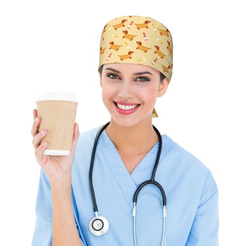Image of Dachshund Hot Dog Working Cap Scrub Cap with Sweatband Adjustable Unisex Tie Back Hat for Cleaning Farm Nursing