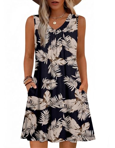 Image of Zeagoo Summer Dresses for Women 2026 Sleeveless Dress V Neck Tank Dress Pleated Floral Tshirt Sundresses with Pockets