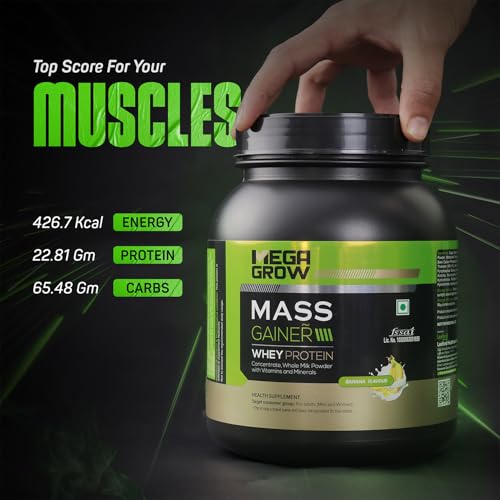 Megagrow Mass Gainer Whey Protein Powder 1Kg | 384.5 Kcal Energy, 22.81g Protein, 9g Carbs | High-Calorie Muscle Mass Gainer for Weight Gain, Size & Strength | Banana Flavour