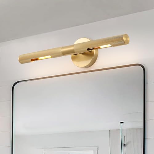 Image of Brushed Brass Picture Light 19 inches Modern Gold Wall Sconce with Knurled Texture Cylinder Metal Shades Rotatable 360Indoor Wall Lighting Fixture Bathroom Vanity Light Bedroom Living Room
