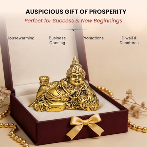 Image of Plus Value Brass Lord Kuber Maharaj Idol Statue God of Wealth Vastu Products for Temple Home Office Decor (8 x 14 x 10.5 cm, Gold)