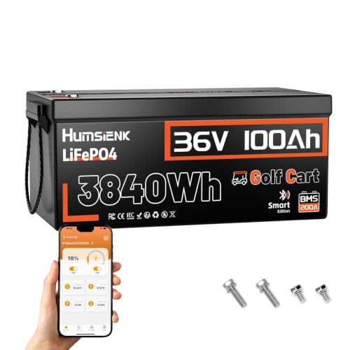 Image of 36V 100Ah Golf Cart Lithium Battery, 200A BMS (600A Peak), Bluetooth & Dashboard Meter, 3.84kWh Deep Cycle LiFePO4, 68.7lbs Drop-in Replacement for 6x 6V Batteries, EZGO TXT, Club Car DS