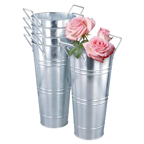 SINJEUN Lot de 5 Vases en Métal Galvanisé, 11 x 23 cm, Seau en Métal, Pot de Fleurs Vintage avec Poignée, pour Arrangement Floral, Décoration